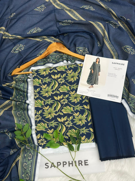 SAPPHIRE Premium Lawn 3PC Unstitched Suit – Navy Floral