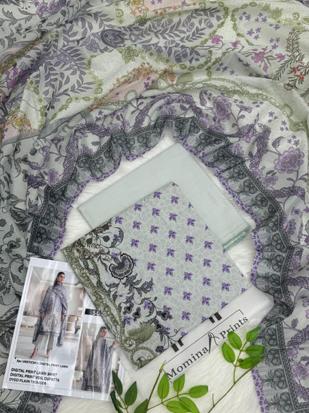 Momina Prints Premium Digital Lawn – 3 Piece Unstitched Suit | Lavender Bloom